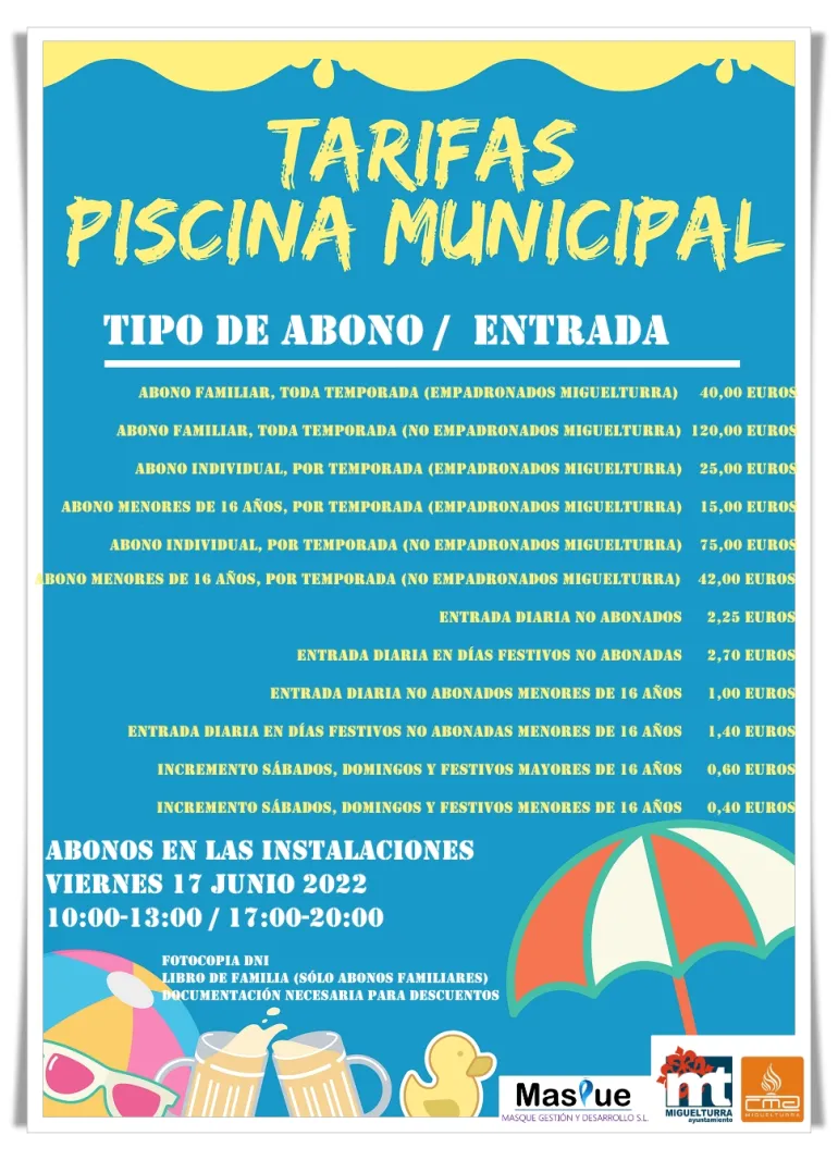 información precios Piscina Municipal 2022