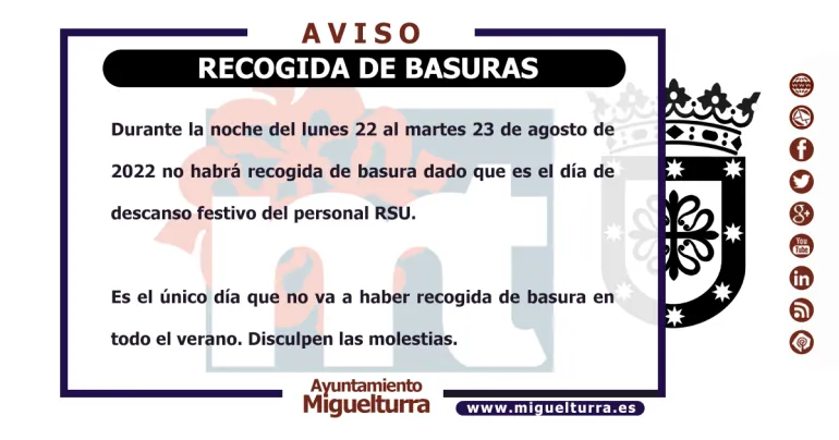 aviso sobre recogida de basura, 17 agosto 2022