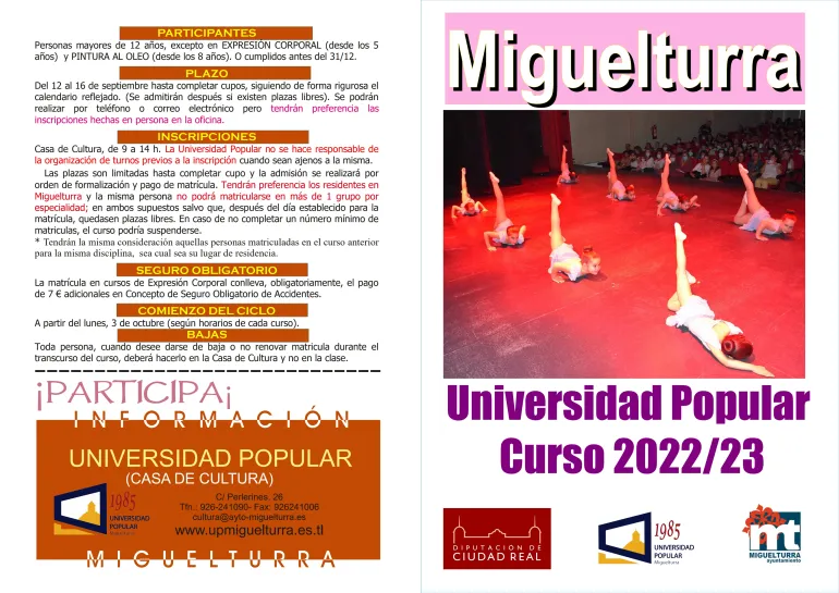 folleto Universidad Popular Miguelturra, curso 2022-2023, página 1