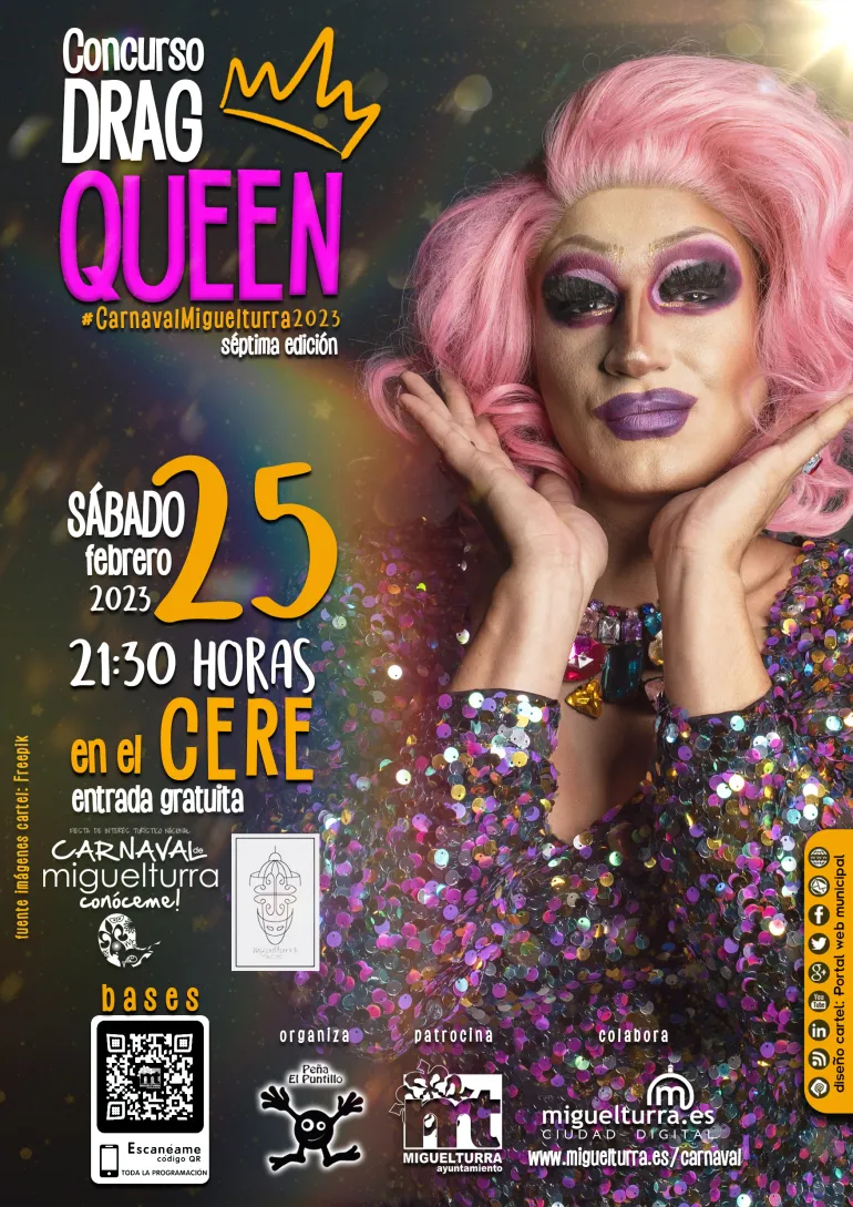 Cartel Concurso Drag Queen Carnaval 2023, diseño portal web con imágenes de Freepik