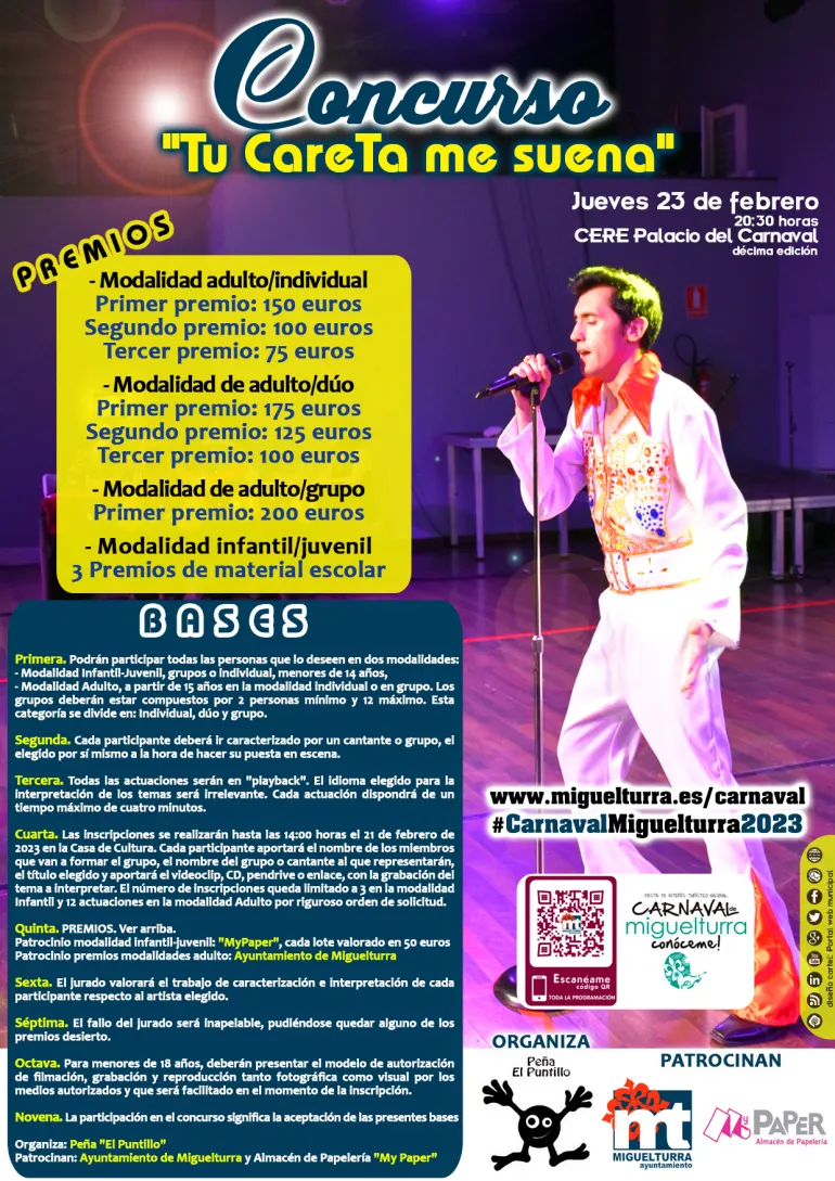 cartel concurso Tu Careta me suena Carnaval 2023 Miguelturra, diseño portal web municipal