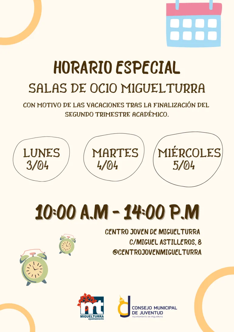 Horario especial salas de ocio, Miguelturra semana santa 2023