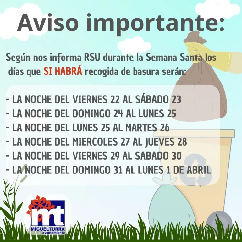 horarios recogida basura Semana Santa 2024