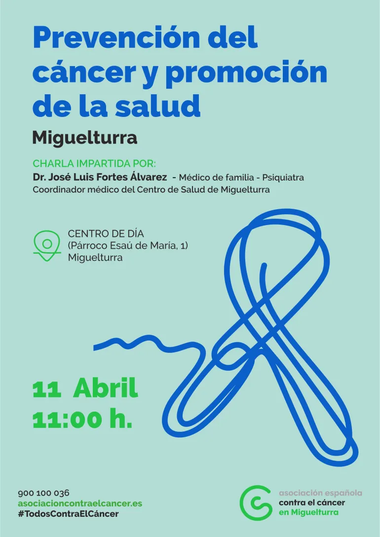 Cartel charla prevención cáncer, Miguelturra abril de 2024