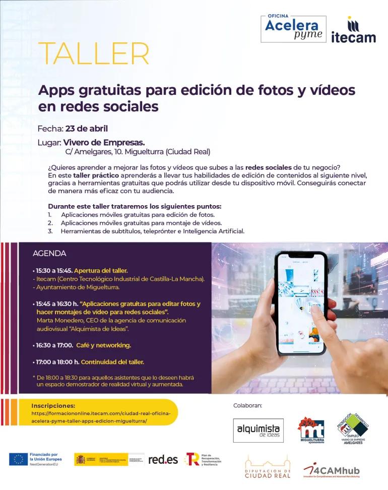 Cartel Taller Apps gratuitas para edición de fotos y vídeos en redes sociales, Miguelturra, abril de 2024