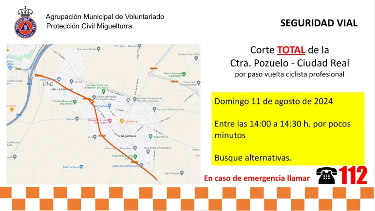 Mapa corte carretera Pozuelo Ciudad Real el 11 de agosto de 2024