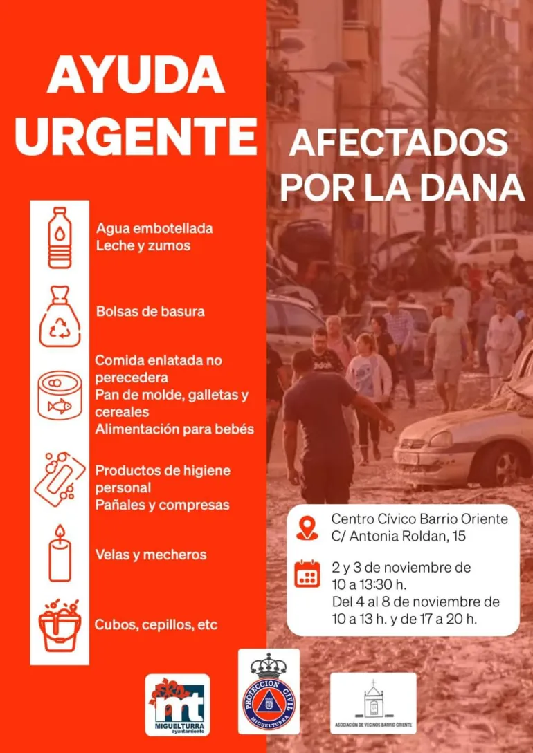 Cartel ayuda urgente afectados DANA, Miguelturra noviembre 2024