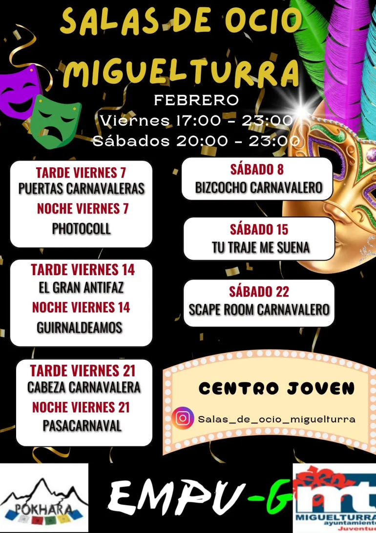 Programación salas de ocio, centro joven, Miguelturra febrero 2025