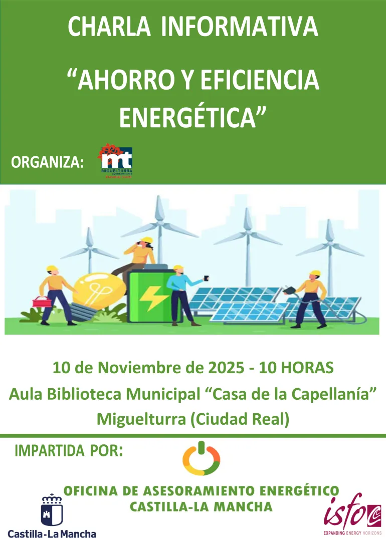 Cartel Charla Eficiencia Energética, Miguelturra noviembre 2025
