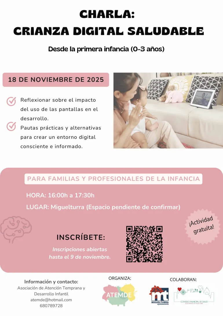 Cartel Charla Crianza Saludable ATEMDE, Miguelturra noviembre 2025