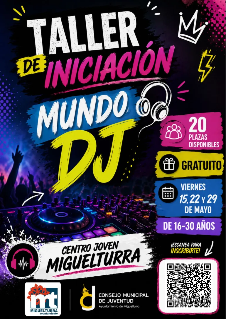 Cartel taller gratuito de DJ y sonido profesional, Miguelturra mayo de 2026