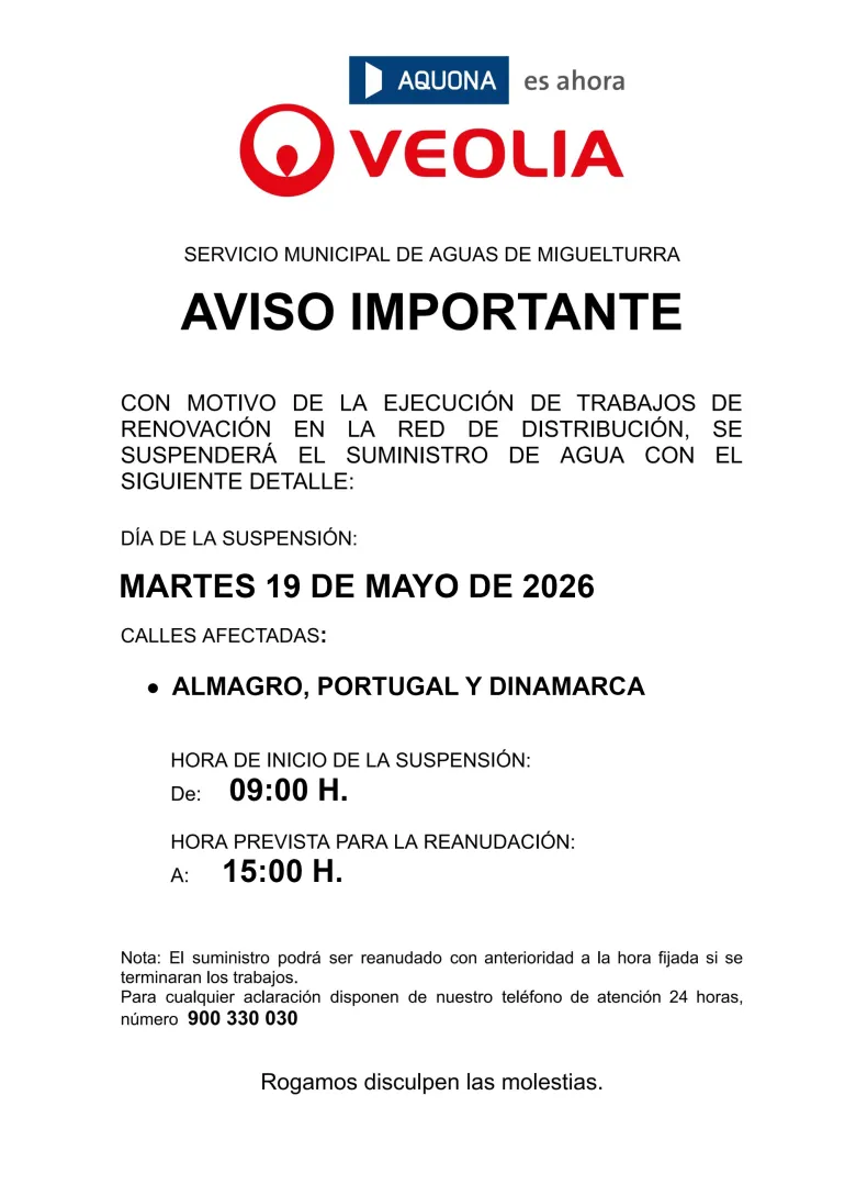 Corte suministro agua 19 de mayo de 2026, Miguelturra