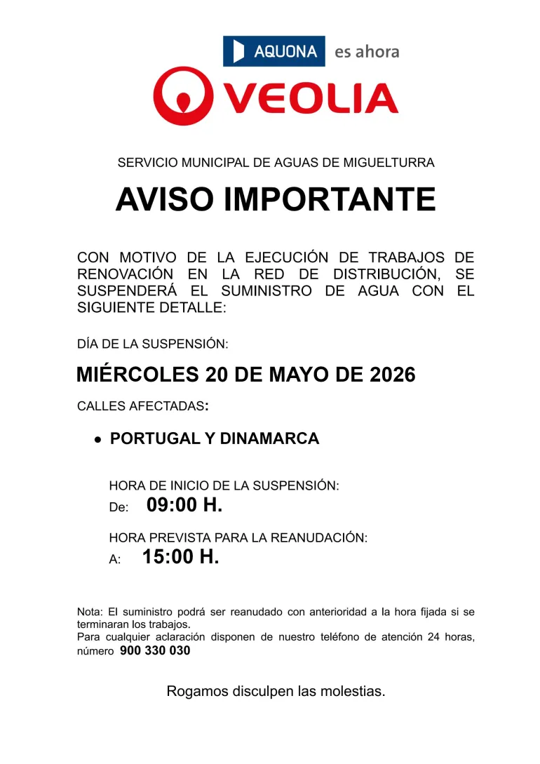 Corte suministro agua 20 de mayo de 2026, Miguelturra