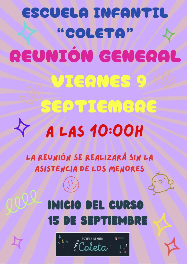 Cartel reunión general familias, Escuela infantil Coleta, Miguelturra septiembre 2026
