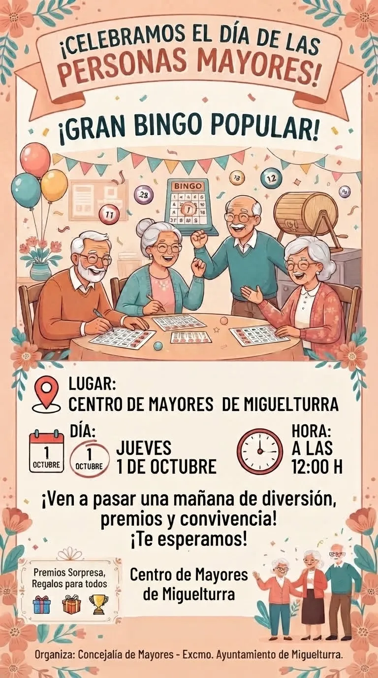 Cartel Bingo Popular, Personas Mayores, Miguelturra octubre de 2026