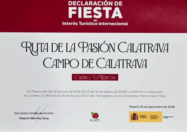 Diploma declaración Interés Turístico Internacional Ruta Pasión Calatrava