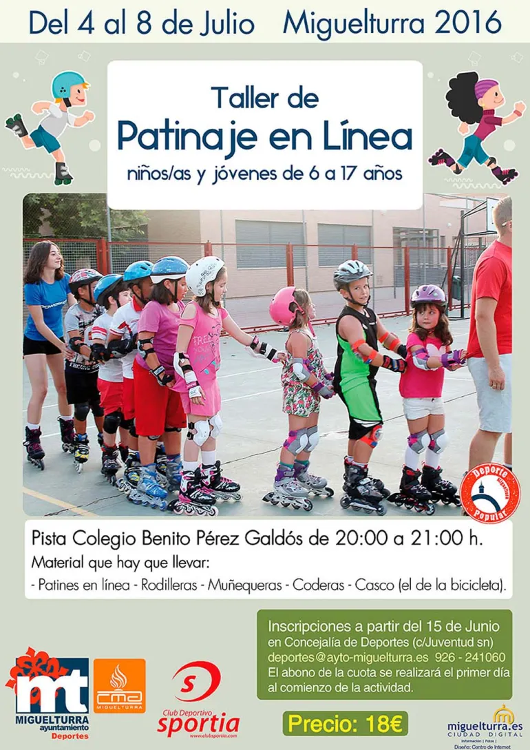 cursos imagen del cartel taller de patinaje en línea, julio 2016, diseño Centro de Internet Miguelturra