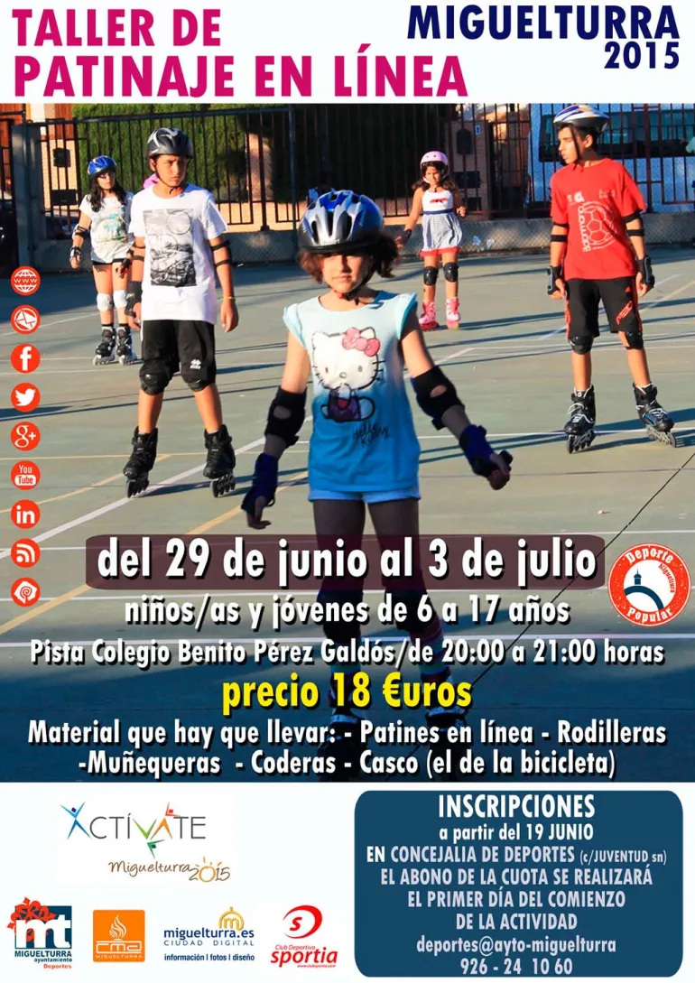 cursos, imagen del cartel taller de patinaje en línea para jóvenes, junio 2015