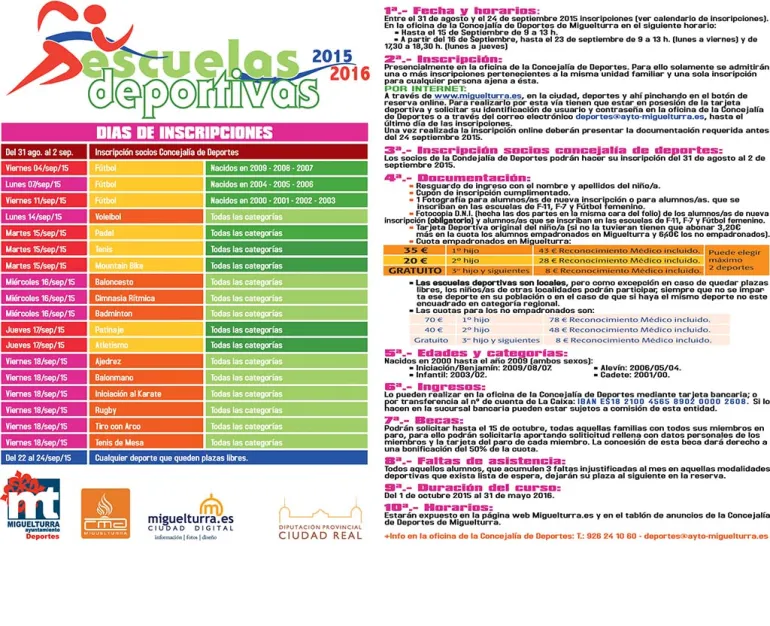 cursos, cartel inscripciones Escuelas Deportivas Miguelturra 2015-2016
