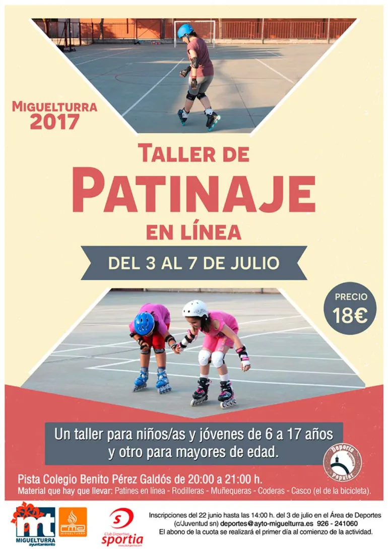 curso imagen del cartel taller patinaje en línea, julio 2017