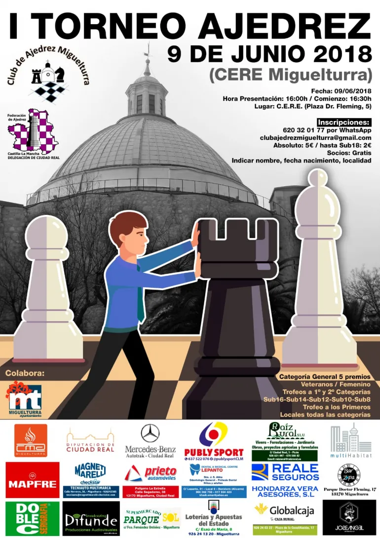 evento imagen del cartel del primer torneo de ajedrez del club de ajedrez de Miguelturra, mayo 2018