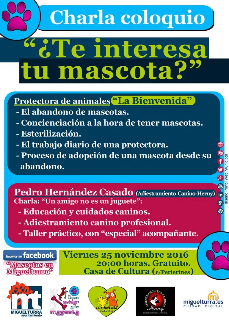 agenda cartel de la charla Te interesa tu mascota, noviembre 2016, diseño cartel portal web municipal Miguelturra