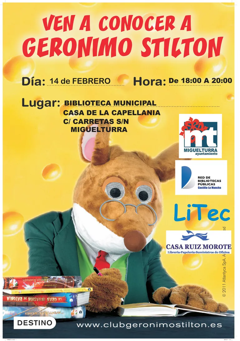 evento  imagen cartel firma libros de Gerónimo Stilton en Miguelturra, febrero 2020