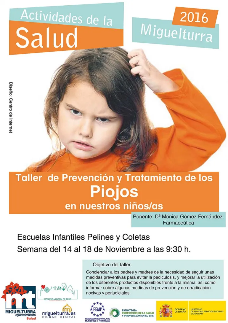 imagen del cartel de los talleres de tratatamiento y prevención de los piojos, diseño cartel Centro de Internet, noviembre 2016