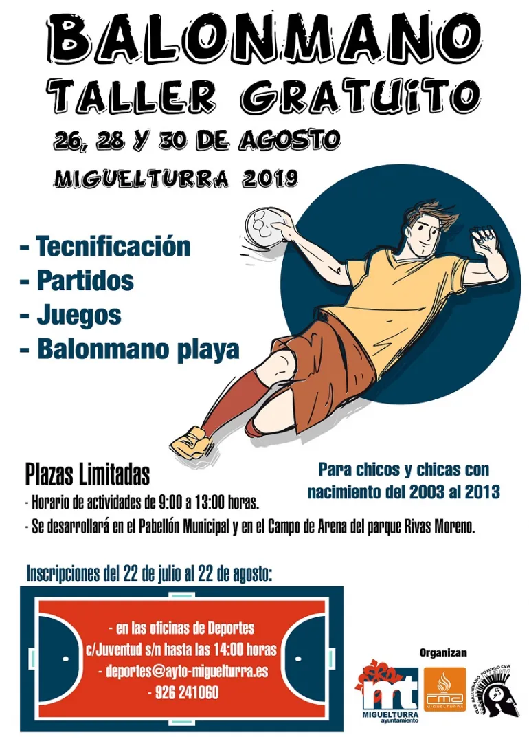 imagen del cartel del Taller de Balonmano, Miguelturra, agosto 2019