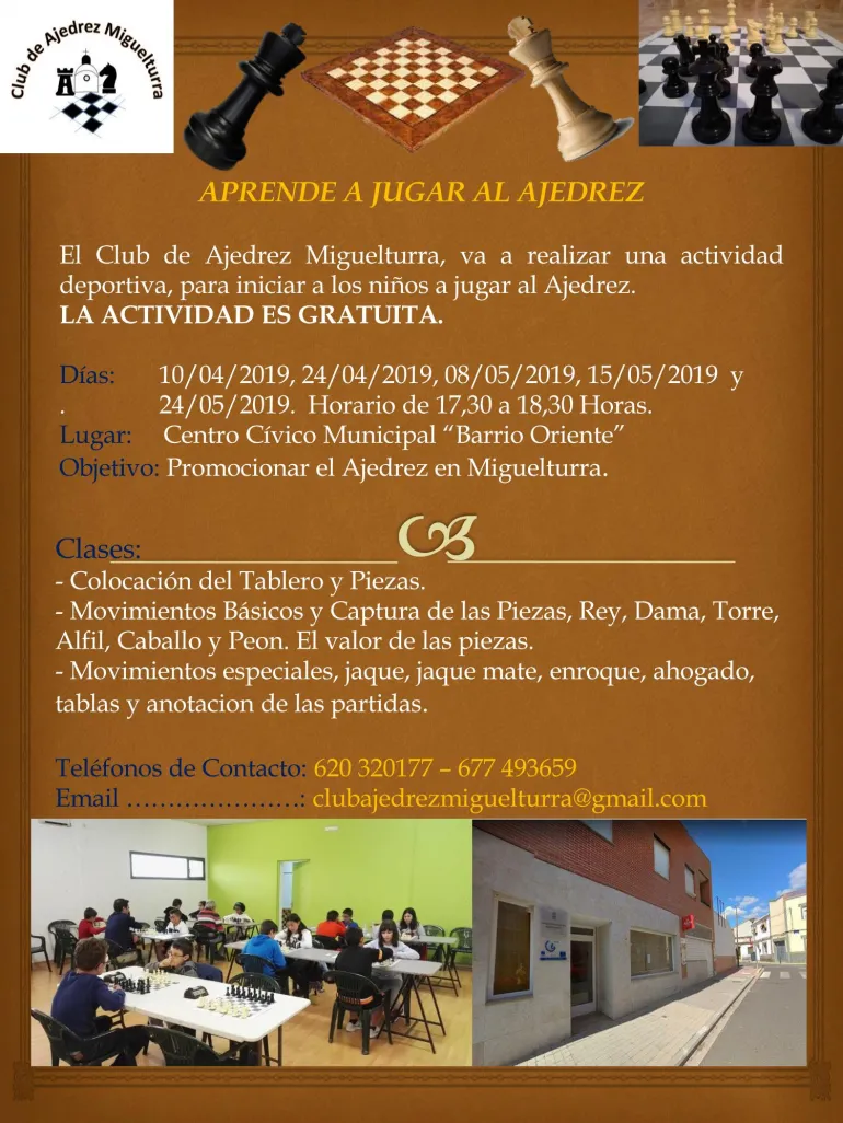 imagen del cartel anunciador de las clases gratuitas de ajedrez, 2019