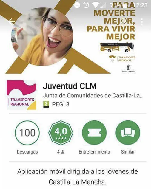 imagen captura pantalla aplicación Juventud CLM en Google Play, febrero 2018