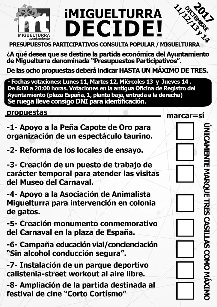 imagen de la papeleta para la consulta popular, miguelturra diciembre 2017
