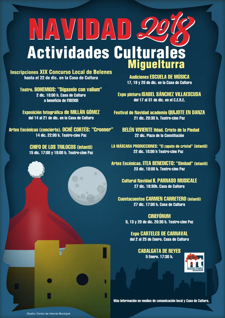 imagen del cartel anunciador de los eventos culturales en Navidad 2018 Miguelturra, diseño cartel Centro de Internet