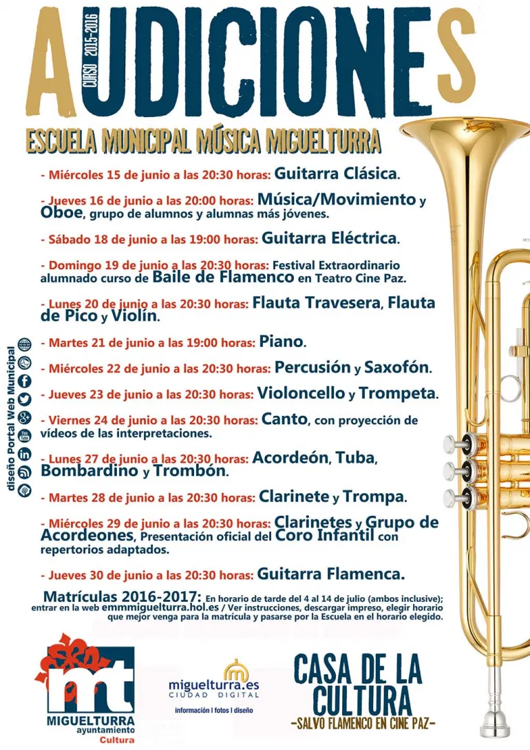 imagen cartel Audiciones Escuela de Música y Danza Miguelturra 2015-2016, diseño cartel portal web municipal