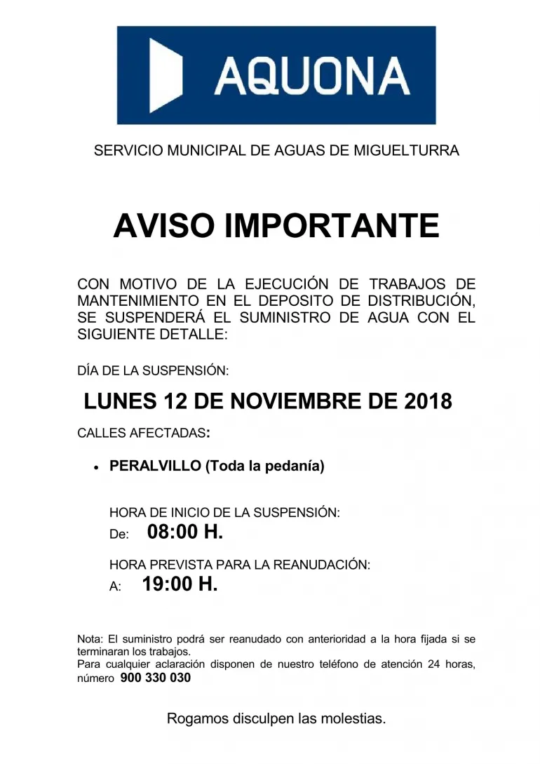 imagen del cartel del aviso del corte de agua en Peralvillo el 12 de noviembre de 2018