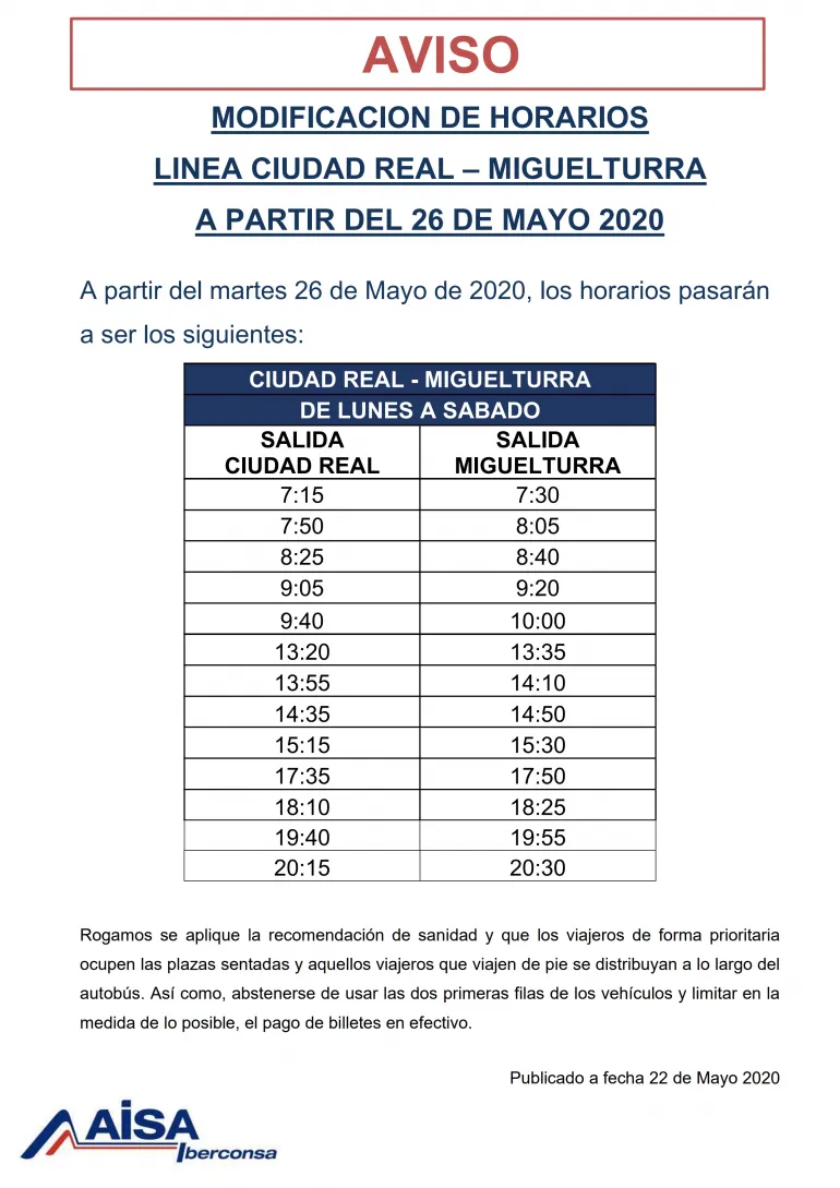 imagen cartel nuevos horarios de autobús entre Miguelturra y Ciudad Real a partir del 26 de mayo de 2020