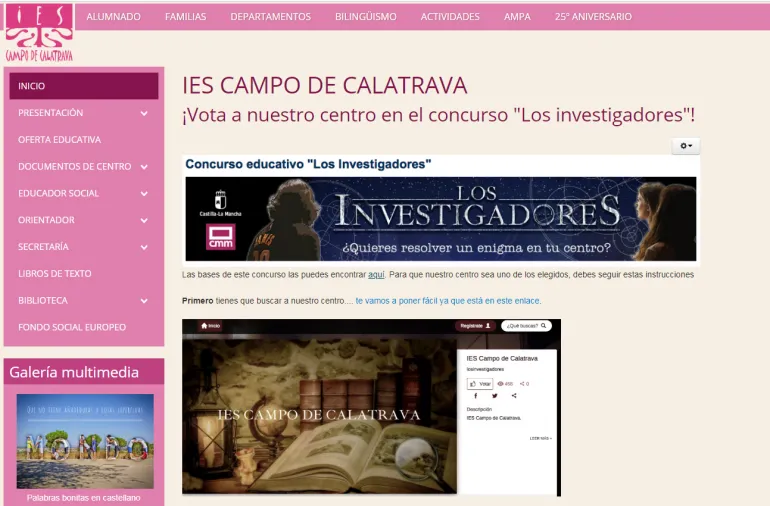 imagen captura pantalla página web del Instituto Campo de Calatrava de Miguelturra, octubre 2018