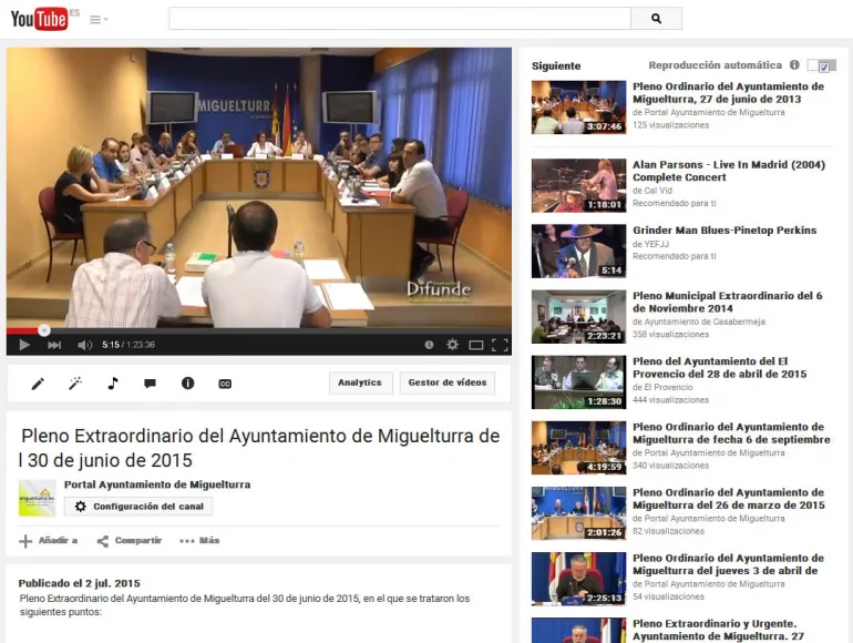 imagen de archivo de los Plenos municipales en Youtube