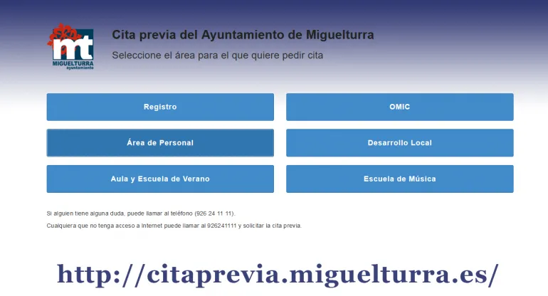 imagen captura de pantalla de la zona Cita Previa del Ayuntamiento de Miguelturra a través de internet