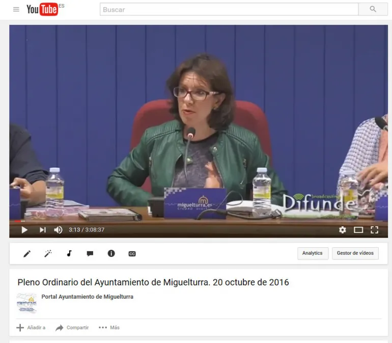 imagen captura pantalla del Pleno Ordinario del 20 de octubre de 2016, canal Youtube Ayuntamiento
