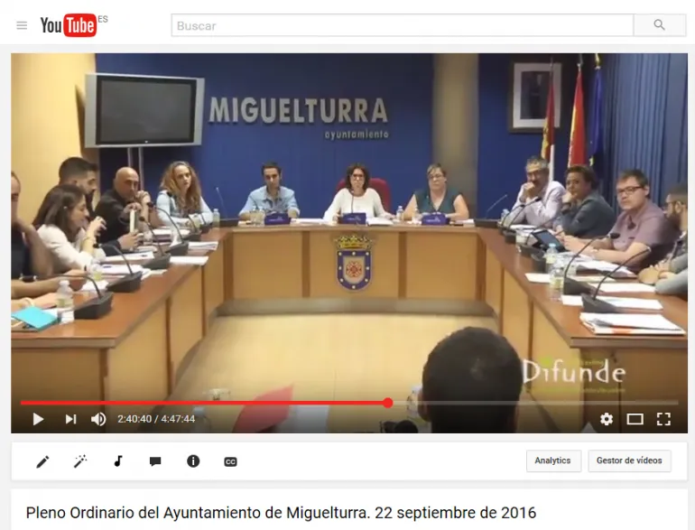 imagen captura pantalla Youtube Pleno Ordinario Ayuntamiento Miguelturra, 22 septiembre 2016