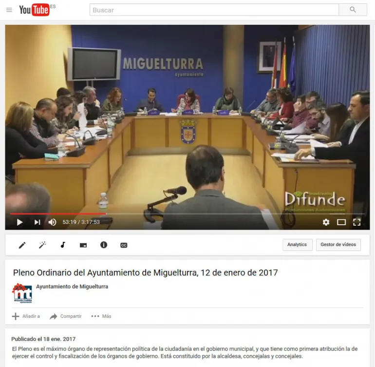 imagen captura pantalla canal Youtube Ayuntamiento, Pleno Ordinario, enero 2017