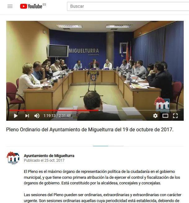 imagen captura pantalla del Pleno Ordinario del 19 de octubre de 2017 en nuestro canal Youtube