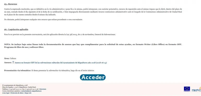 imagen captura pantalla subvenciones cultura y botón "acceder" para su tramitación, julio 2018