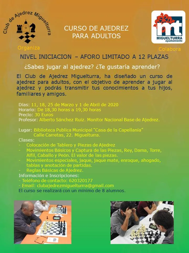 imagen cartel curso de ajedrez Miguelturra, marzo abril 2020