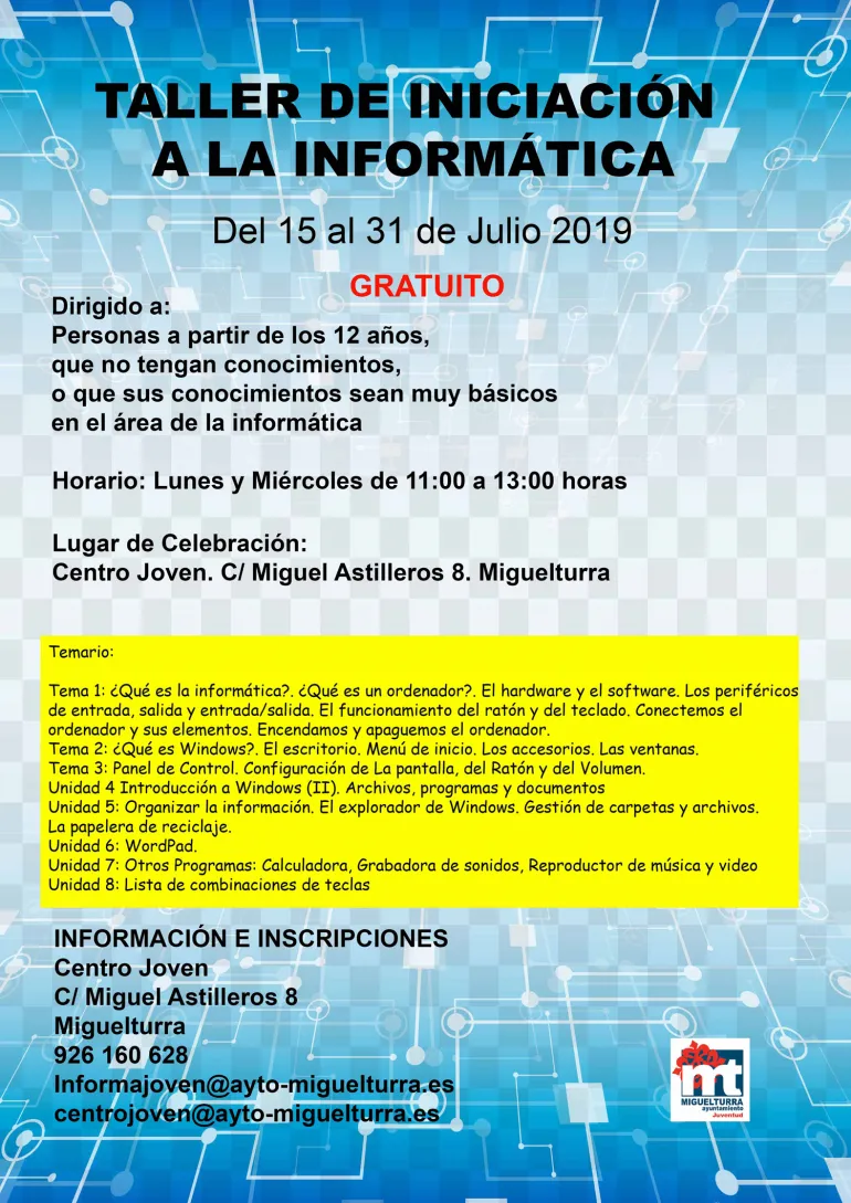 imagen cartel anunciador del curso de iniciación a la informática, julio 2019 Miguelturra
