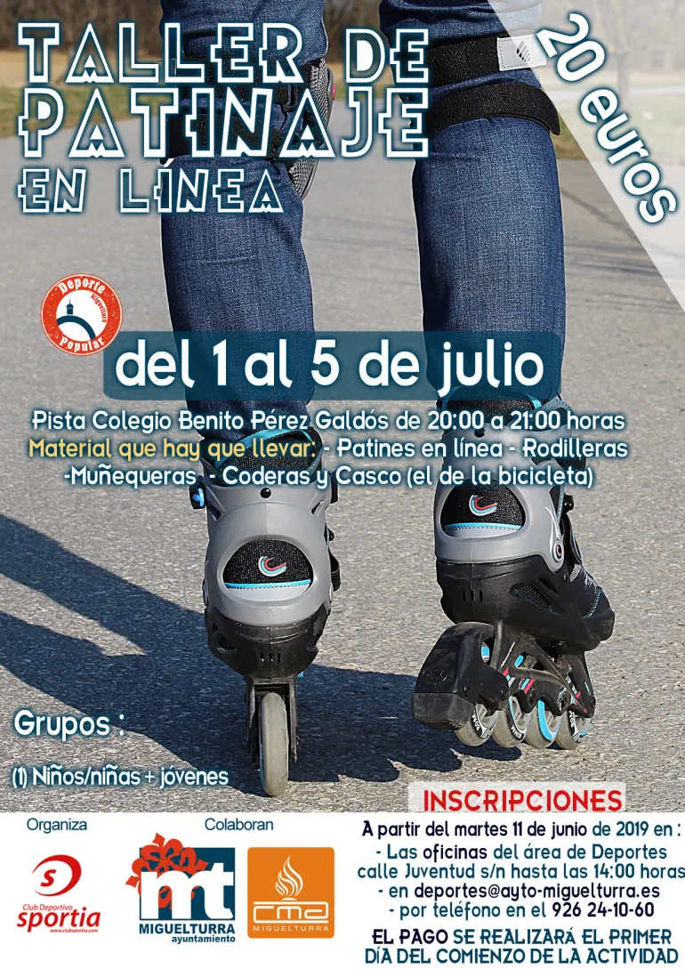 imagen del cartel anunciador del taller de patinaje en línea, julio 2019