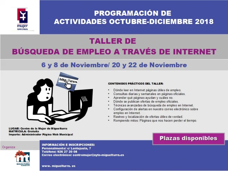 imagen del cartel de los talleres gratuitos de búsqueda de empleo en internet, noviembre 2018