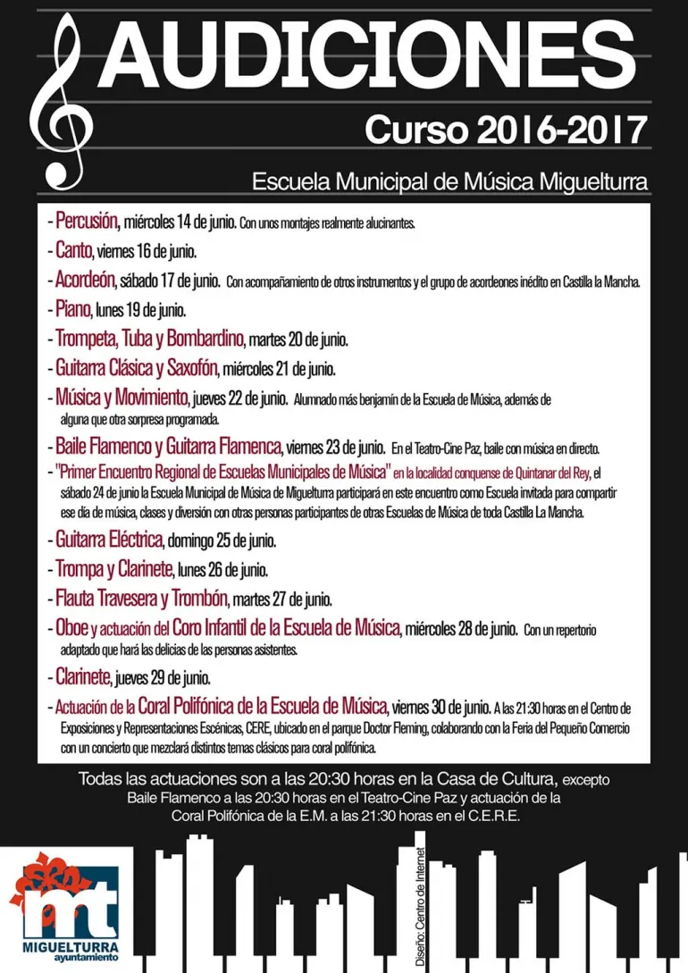 imagen cartel audiciones Escuela de Música y Danza de Miguelturra curso 2016-2017, diseño Centro de Internet