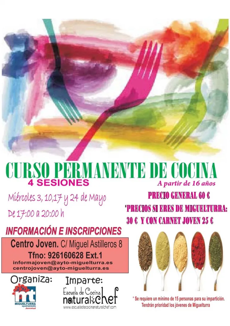 imagen del cartel del curso de cocina del área de Juventud Miguelturra, mayo 2017